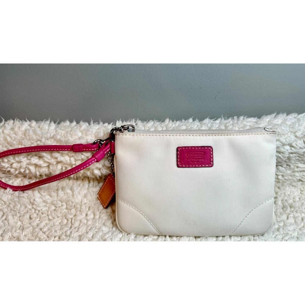 Coach Wristlet Ivory Pink Nylon Leather Trim Zip Pouch Small Clutch